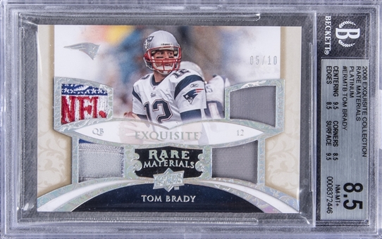 2008 Exquisite Collection Rare Materials Platinum #ERMTB Tom Brady NFL Shield Game Used Patch Card (#05/10) - BGS NM-MT+ 8.5